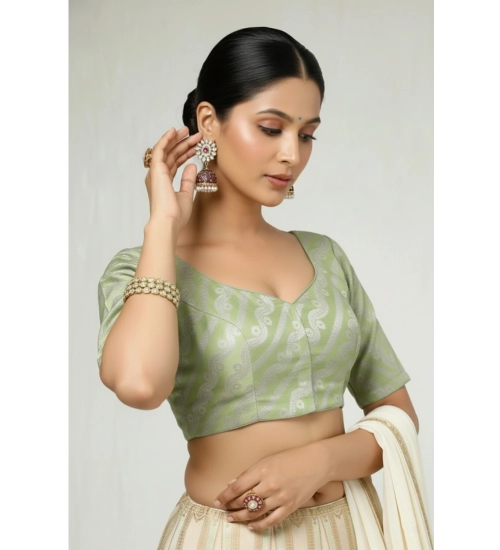 Generic Women's Jacquard Zari Round Neck Padded Blouse (Light Green 38 Ready (Self Alterable 36–40)