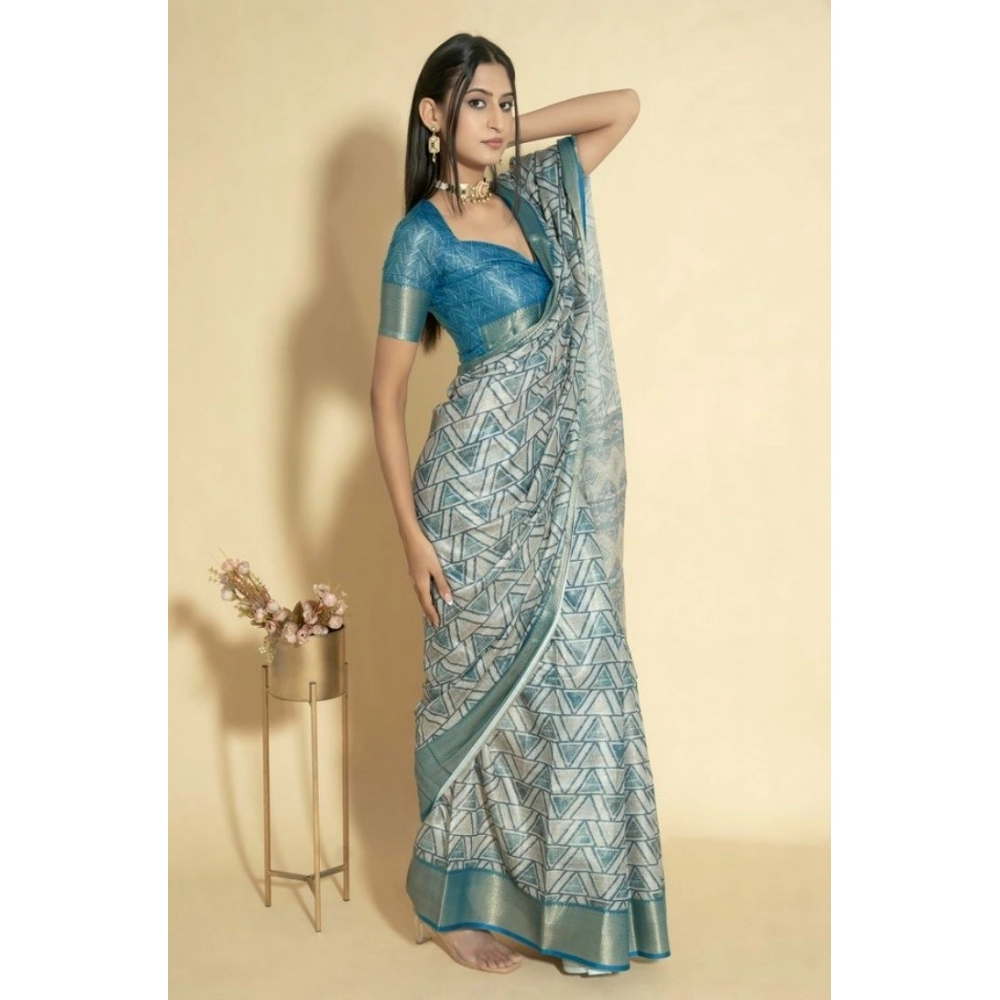 Women's Polyester Printed Saree With Unstitched Blouse 5.5 Mtr (Turquoise)