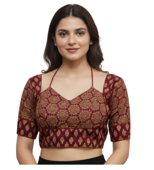 Generic Women's Ajrakh Cotton Printed Sweetheart Padded Blouse (Maroon 38 Ready (Self Alterable 36–40)