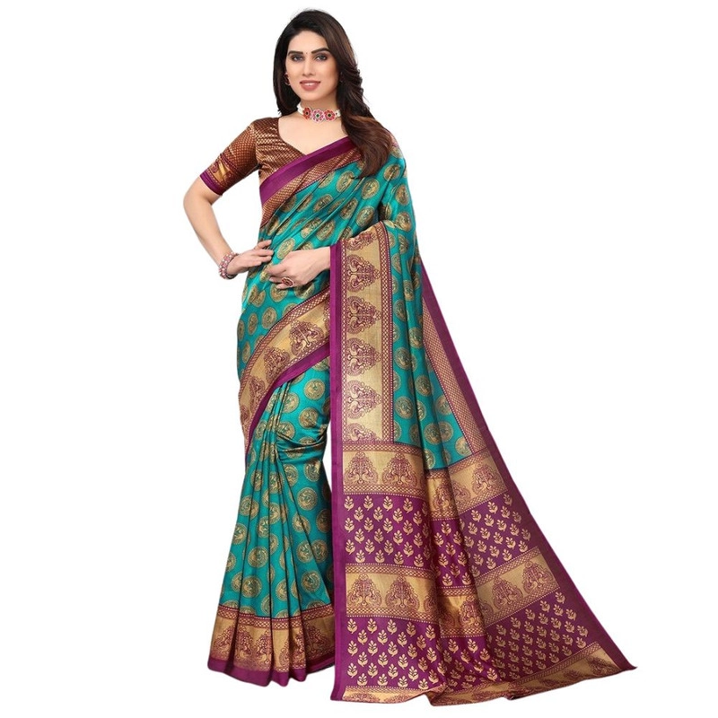 Generic Women's Litchi silk Printed Saree With Unstitched Blouse  5-6 Mtrs (Green)