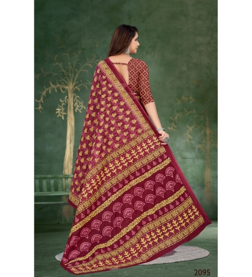 Generic Women's Soft Pure Cotton Printed Saree With Unstitched Blouse 5.5Mtr (Maroon)