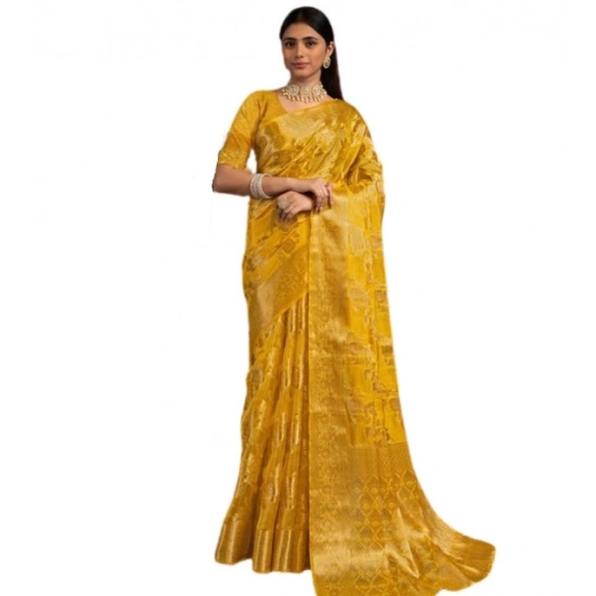 Generic Women's Organza Woven Saree With Unstitched Blouse 5.5Mtr (Yellow)