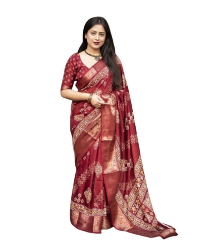 Generic Women's Cotton Silk Printed Saree With Unstitched Blouse 5.5Mtr (Maroon)