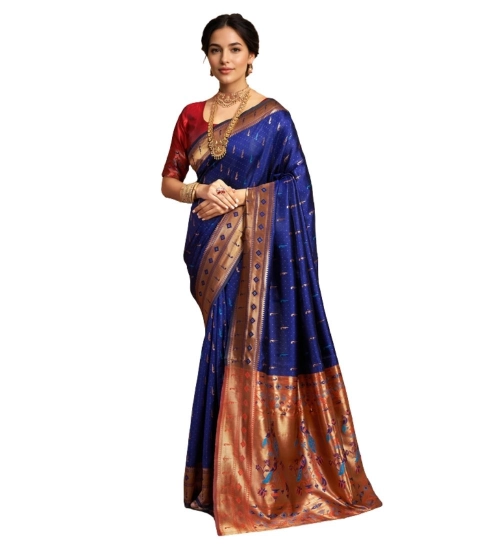 Generic Women's Silk Blend Zari Woven Saree With Unstitched Blouse 5.5Mtr (Navy)