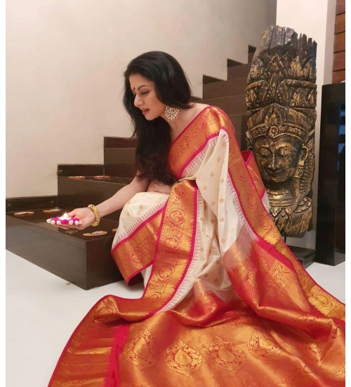 Generic Women's Soft Litchi Silk Jacquard Work Saree With Unstitched Blouse 5.5Mtr (White)