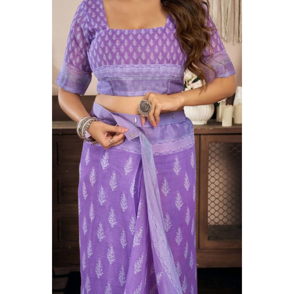 Generic Women's Faux Linen Floral Ready to wear Saree With Unstitched Blouse 5.5Mtr (Lavender)