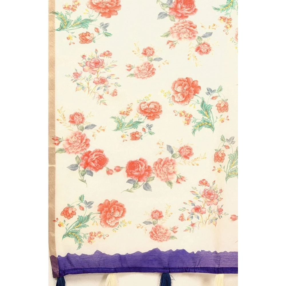 Women's Cotton Silk Floral Printed Saree With Unstitched Blouse 5.5Mtr (Blue)