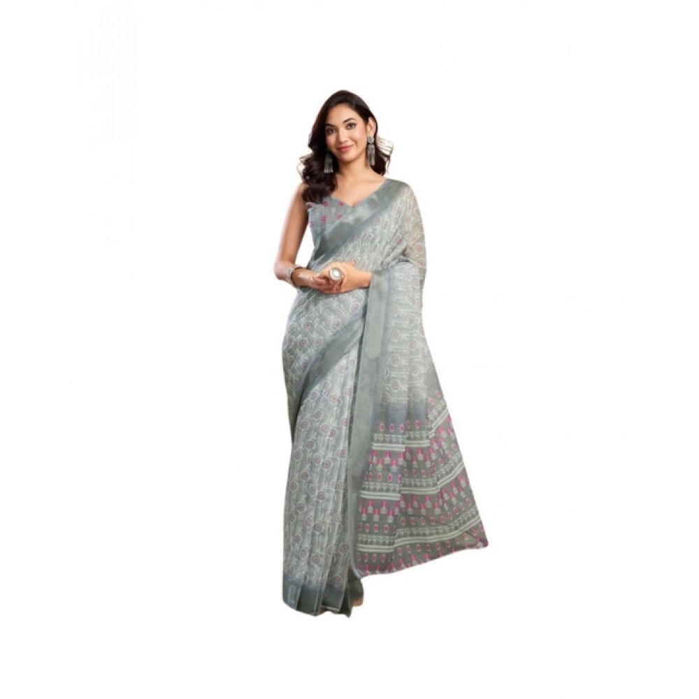 Generic Women's Faux_Linen Printed Ready-to-Wear Saree With Unstitched Blouse 5.5 Mtr (Grey)
