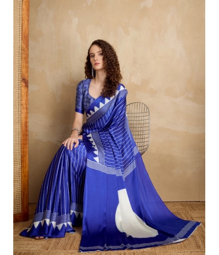 Generic Women's Satin Crepe Printed Saree With Unstitched Blouse 5.5Mtr (Navy Blue)