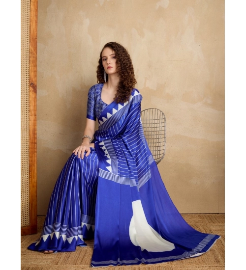 Generic Women's Satin Crepe Printed Saree With Unstitched Blouse 5.5Mtr (Navy Blue)