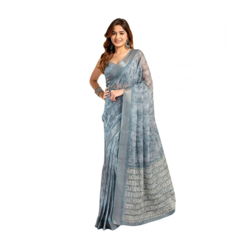 Generic Women's Faux_Linen Printed Ready-to-Wear Saree With Unstitched Blouse 5.5 Mtr (Light_Blue) Generic Women's Faux_Linen Printed Ready-to-Wear Saree With Unstitched Blouse 5.5 Mtr (Light_Blue)
