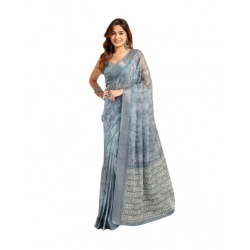 Generic Women's Faux_Linen Printed Ready-to-Wear Saree With Unstitched Blouse 5.5 Mtr (Light_Blue)