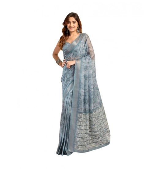 Generic Women's Faux_Linen Printed Ready-to-Wear Saree With Unstitched Blouse 5.5 Mtr (Light_Blue)