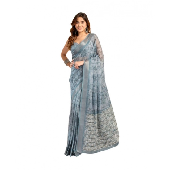 Generic Women's Faux_Linen Printed Ready-to-Wear Saree With Unstitched Blouse 5.5 Mtr (Light_Blue)
