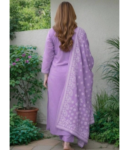 Generic Women's Chanderi Silk Ethnic Motif Round 3/4th Sleeve Kurti With Pant Dupatta Set (Lavender)