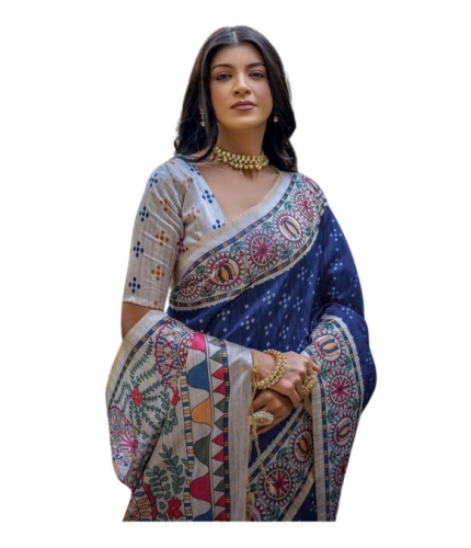 Generic Women's Faux_Tussar Geometric_Print Saree With Unstitched Blouse 5.5Mtr (Blue)
