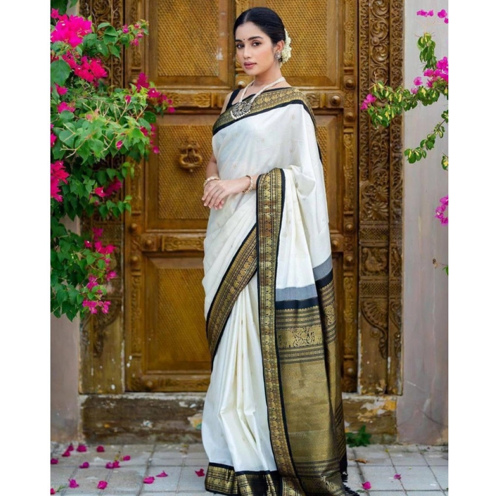 Generic Women's Soft Litchi Silk Jacquard Work Saree With Unstitched Blouse 5.5Mtr (White) Generic Women's Soft Litchi Silk Jacquard Work Saree With Unstitched Blouse 5.5Mtr (White)