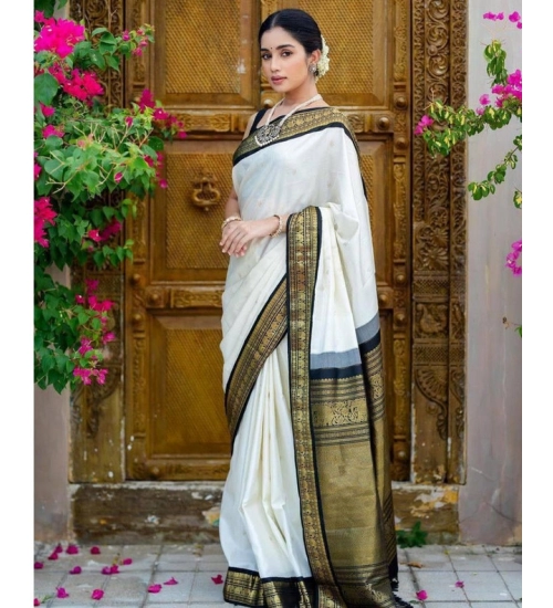 Generic Women's Soft Litchi Silk Jacquard Work Saree With Unstitched Blouse 5.5Mtr (White)