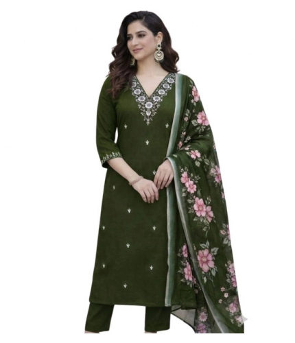 Generic Women's Chanderi Silk Ethnic Motif V-Neck 3/4th Sleeve Kurti With Pant Dupatta Set (Mahendi)