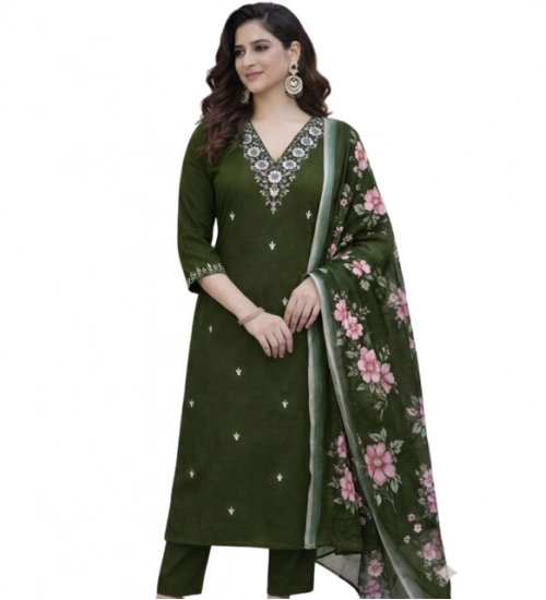 Generic Women's Chanderi Silk Ethnic Motif V-Neck 3/4th Sleeve Kurti With Pant Dupatta Set (Mahendi)