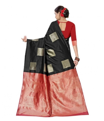 Generic Women's Soft Lichi Silk Printed Saree With Unstitched Blouse 5.5Mtr (Black)