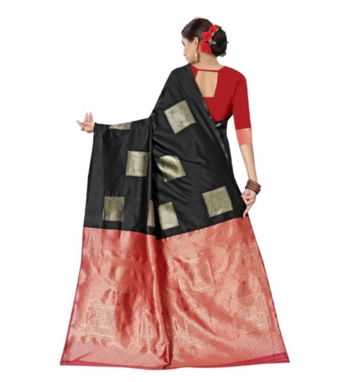 Generic Women's Soft Lichi Silk Printed Saree With Unstitched Blouse 5.5Mtr (Black)