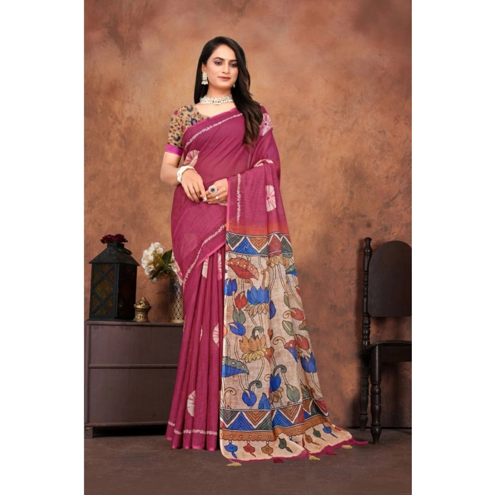 Generic Women's Linen Printed Saree With Unstitched Blouse 5.5Mtr (Purple) Generic Women's Linen Printed Saree With Unstitched Blouse 5.5Mtr (Purple)