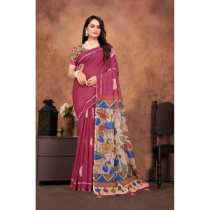 Generic Women's Linen Printed Saree With Unstitched Blouse 5.5Mtr (Purple)