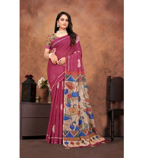 Generic Women's Linen Printed Saree With Unstitched Blouse 5.5Mtr (Purple)
