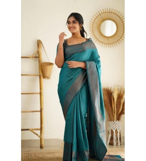 Generic Women's Litchi silk Printed Saree With Unstitched Blouse (Rama Blue)
