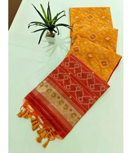 Generic Women's Raw Silk Ikkat Saree With Unstitched Blouse 5.5Mtr (Mustard)