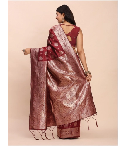 Generic Women's Banarasi Silk Printed Saree With Unstitched Blouse 5.5Mtr (Maroon)