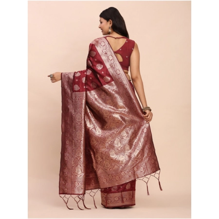 Generic Women's Banarasi Silk Printed Saree With Unstitched Blouse 5.5Mtr (Maroon)