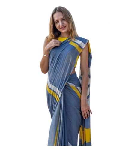 Generic Women's Linen Printed Saree With Unstitched Blouse 5.5Mtr (Blue)