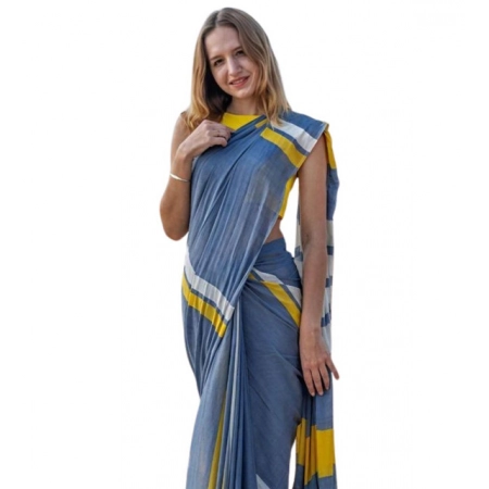 Generic Women's Linen Printed Saree With Unstitched Blouse 5.5Mtr (Blue)