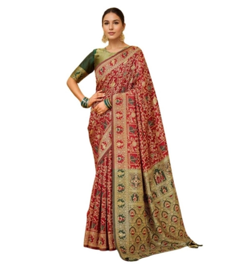 Generic Women's Silk Blend Woven Paithani Saree With Unstitched Blouse 5.5Mtr (Red)