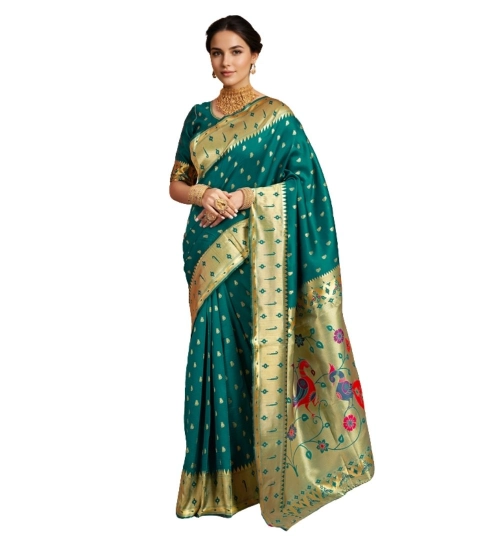 Generic Women's Silk Blend Zari Weaving Saree With Unstitched Blouse 5.5Mtr (Rama)