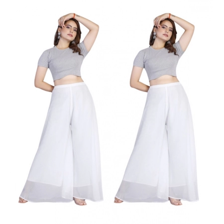 Generic Women's Pack of 2 Georgette Solid High Rise Wide Leg Flared Palazzos with Elastic Waist (White)