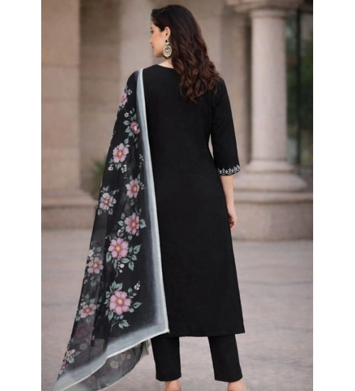 Generic Women's Chanderi Silk Ethnic Motif V-Neck 3/4th Sleeve Kurti With Pant Dupatta Set (Black) Generic Women's Chanderi Silk Ethnic Motif V-Neck 3/4th Sleeve Kurti With Pant Dupatta Set (Black)