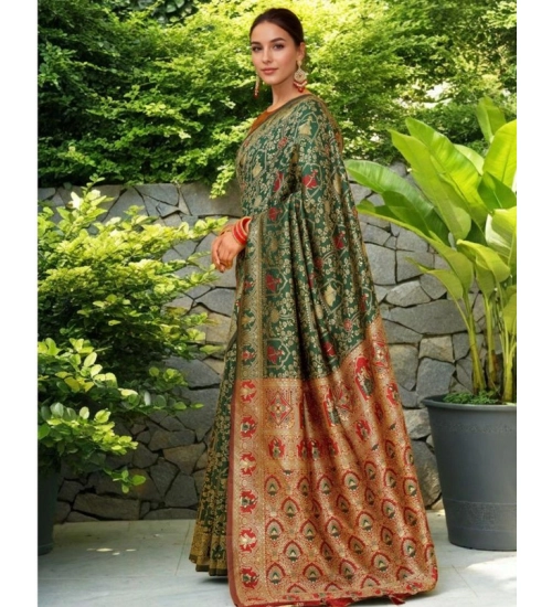 Generic Women's Silk Blend Woven Paithani Saree With Unstitched Blouse 5.5Mtr (Green)