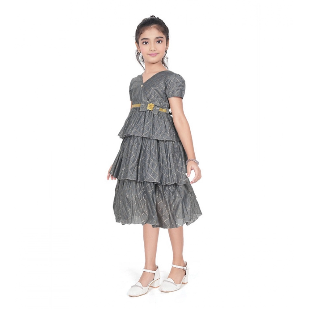 Generic Girl's Artificial Silk Striped Short Sleeve V Neck Dress (Grey)