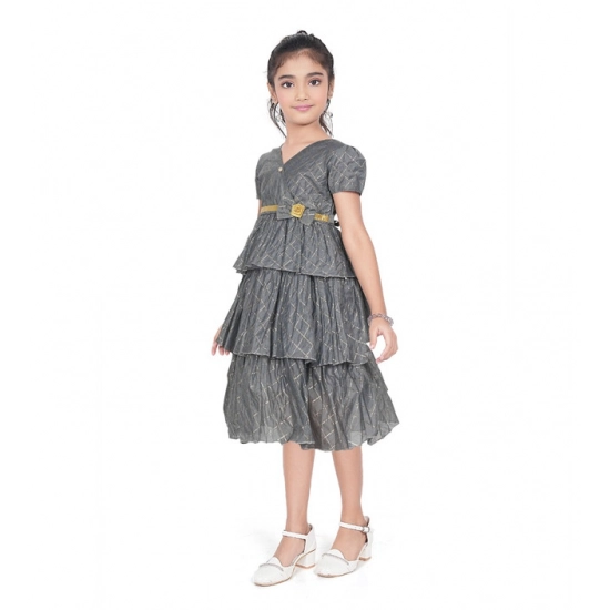 Generic Girl's Artificial Silk Striped Short Sleeve V Neck Dress (Grey)