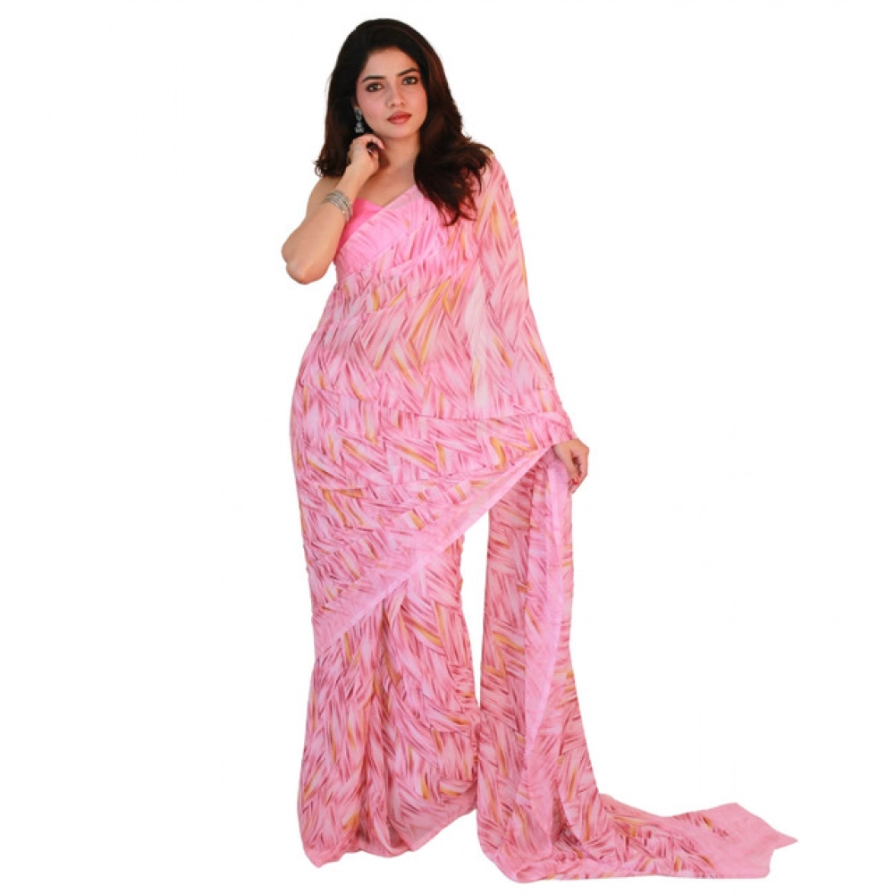 Generic Women’s Georgette Printed Saree With Unstitched Blouse 5.5Mtr (Pink)