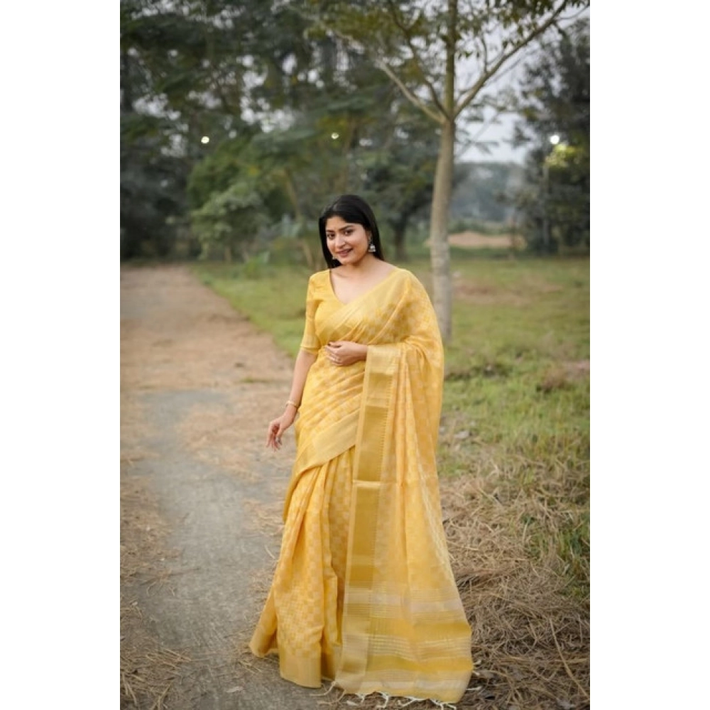 Women's Silk_Blend Checked Saree With Unstitched Blouse 5.5Mtr (Yellow)