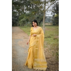 Generic Women's Silk_Blend Checked Saree With Unstitched Blouse 5.5Mtr (Yellow)