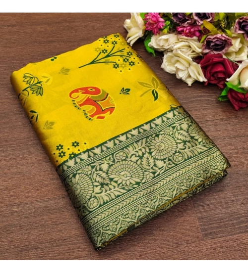 Generic Women's Soft Litchi Silk Jacquard Work Saree With Unstitched Blouse 5.5Mtr (Yellow)
