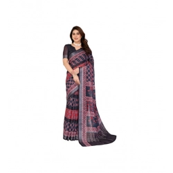 Generic Women's Linen Cotton  Printed Saree With Unstitched Blouse 5.5Mtr (Black)