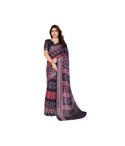 Generic Women's Linen Cotton  Printed Saree With Unstitched Blouse 5.5Mtr (Black)
