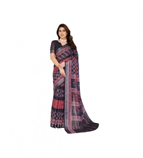 Generic Women's Linen Cotton  Printed Saree With Unstitched Blouse 5.5Mtr (Black)