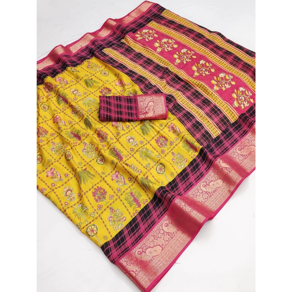 Generic Women's Dola Silk Printed Saree With Unstitched Blouse 5.5Mtr (Yellow)